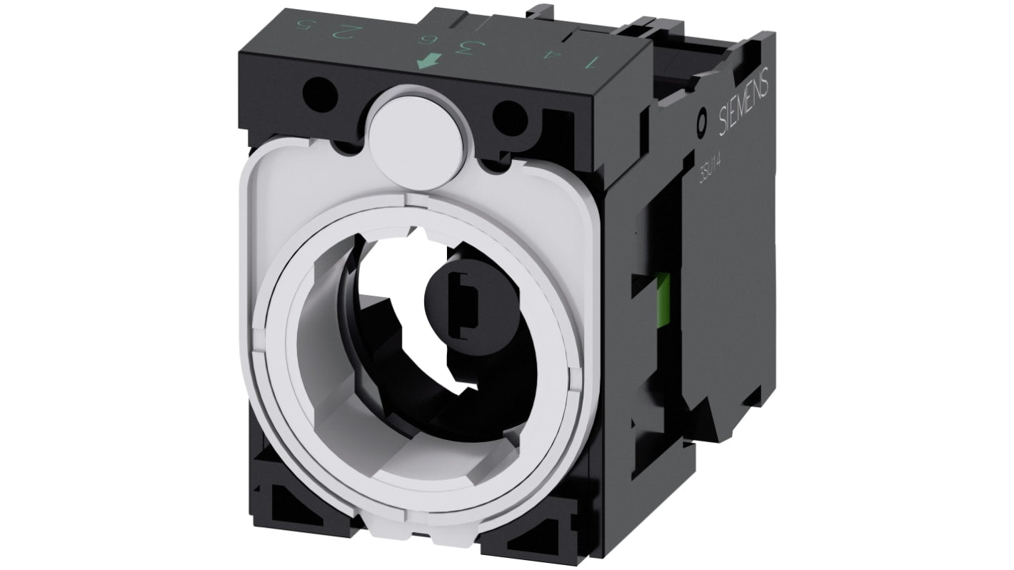 Siemens Blocco contatti luminoso 3SU1501-1AG50-1BA0, LED blu, tensione 6-24 V, corrente 6 A, montaggio senza utensili, design antirotazione.