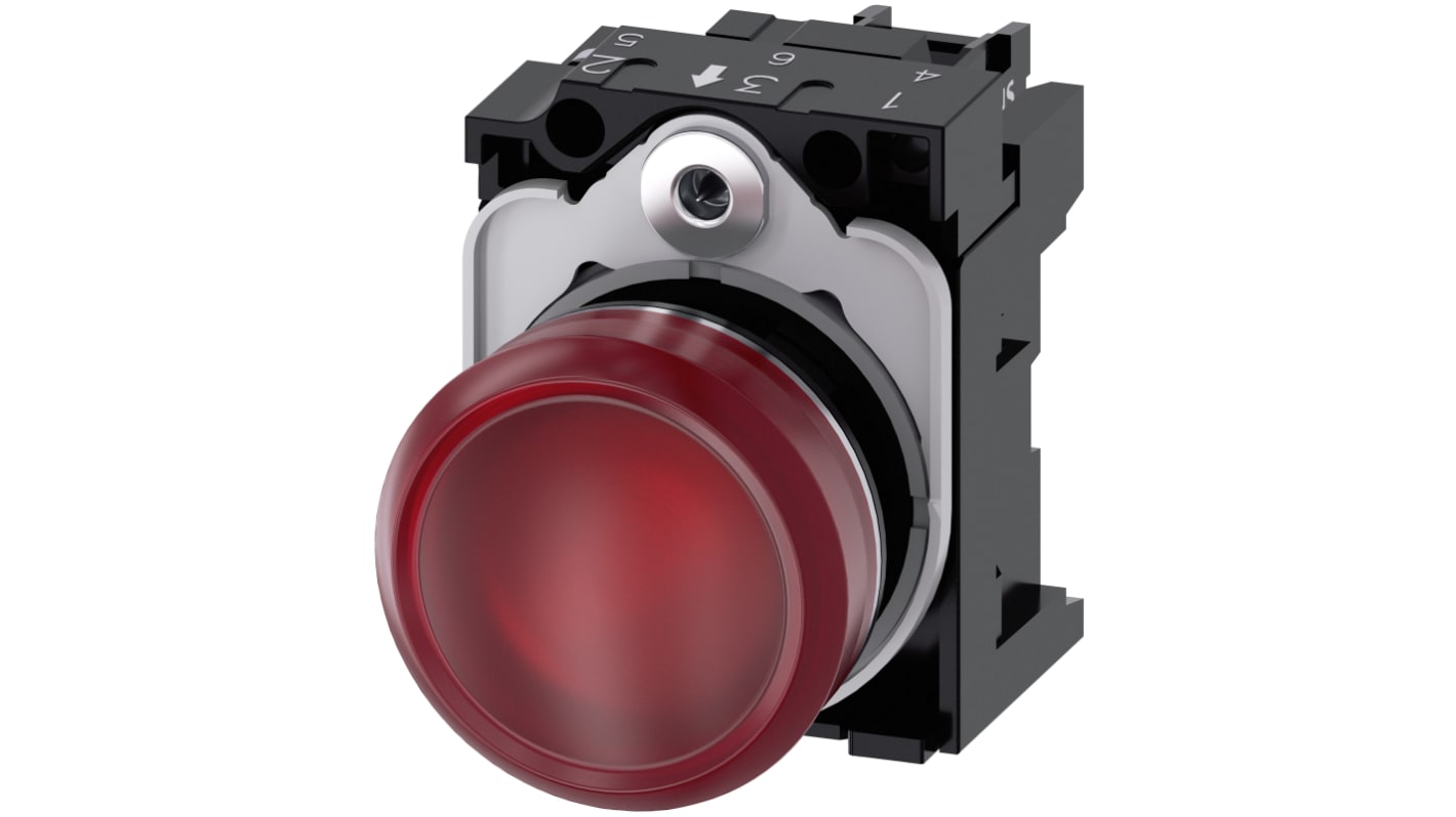Spia LED rotonda Siemens 3SU1156-6AA20-1AA0, montaggio a pannello 22 mm, colore rosso, grado di protezione IP20.