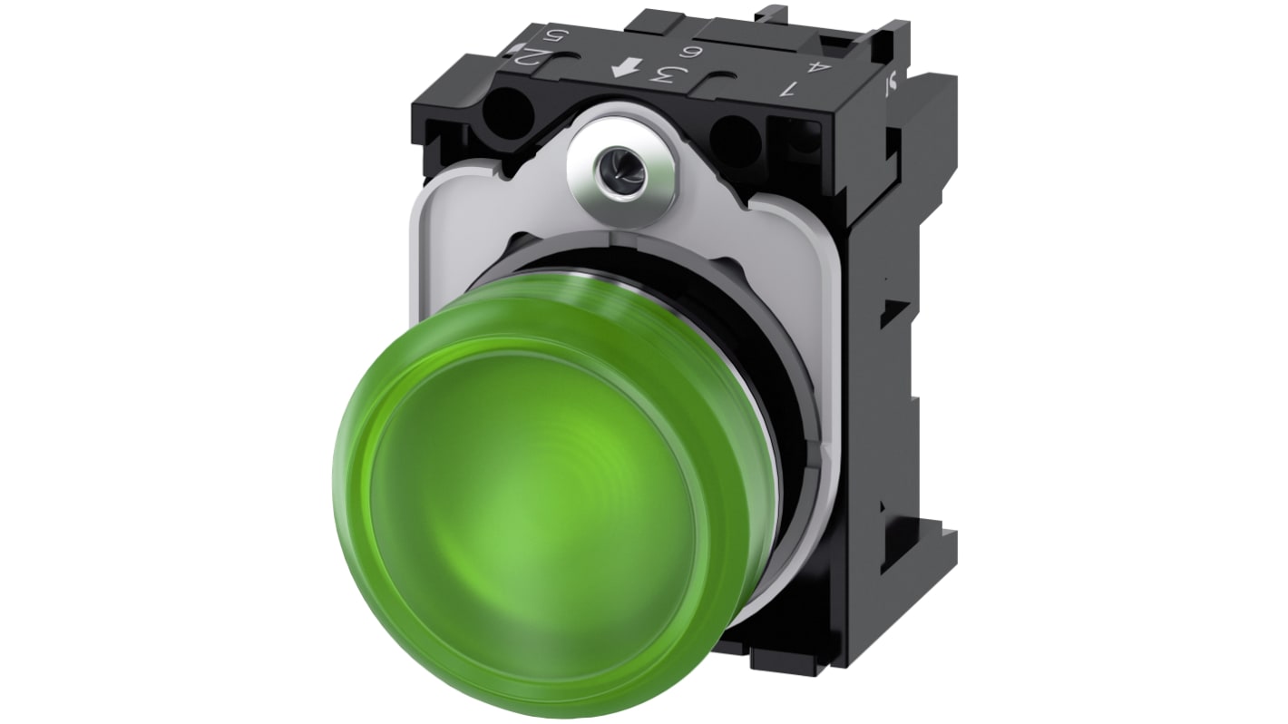 Spia LED Siemens 3SU1156-6AA40-1AA0, verde, montaggio a pannello 22mm, grado di protezione IP20, tensione 230V.