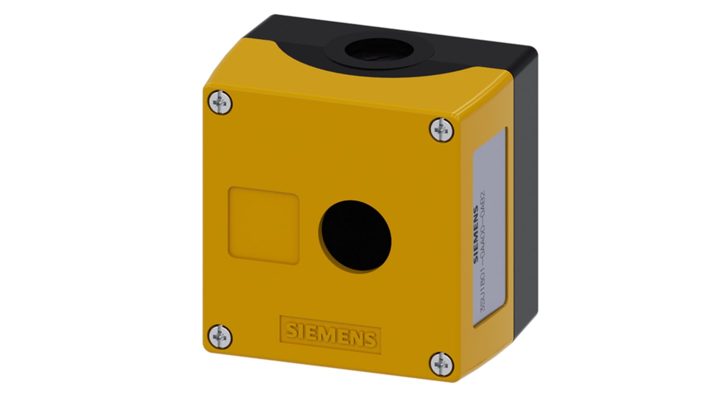 Scatola per pulsante Siemens SIRIUS ACT, gialla, 22mm, dimensioni 85x85x64mm, operativa da -25 a +70°C. Codice 3SU1801-0AA00-0AB2.