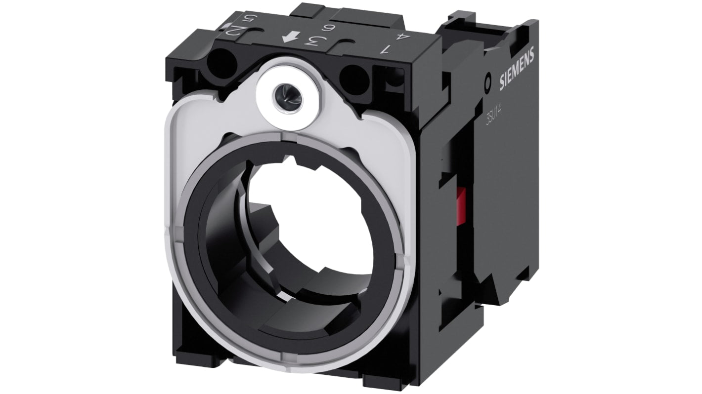 Blocco contatti Siemens 3SU1550-1AA10-1CA0, 1NC, tensione 5-500 V, corrente 6 A, montaggio senza utensili, design antirotazione.
