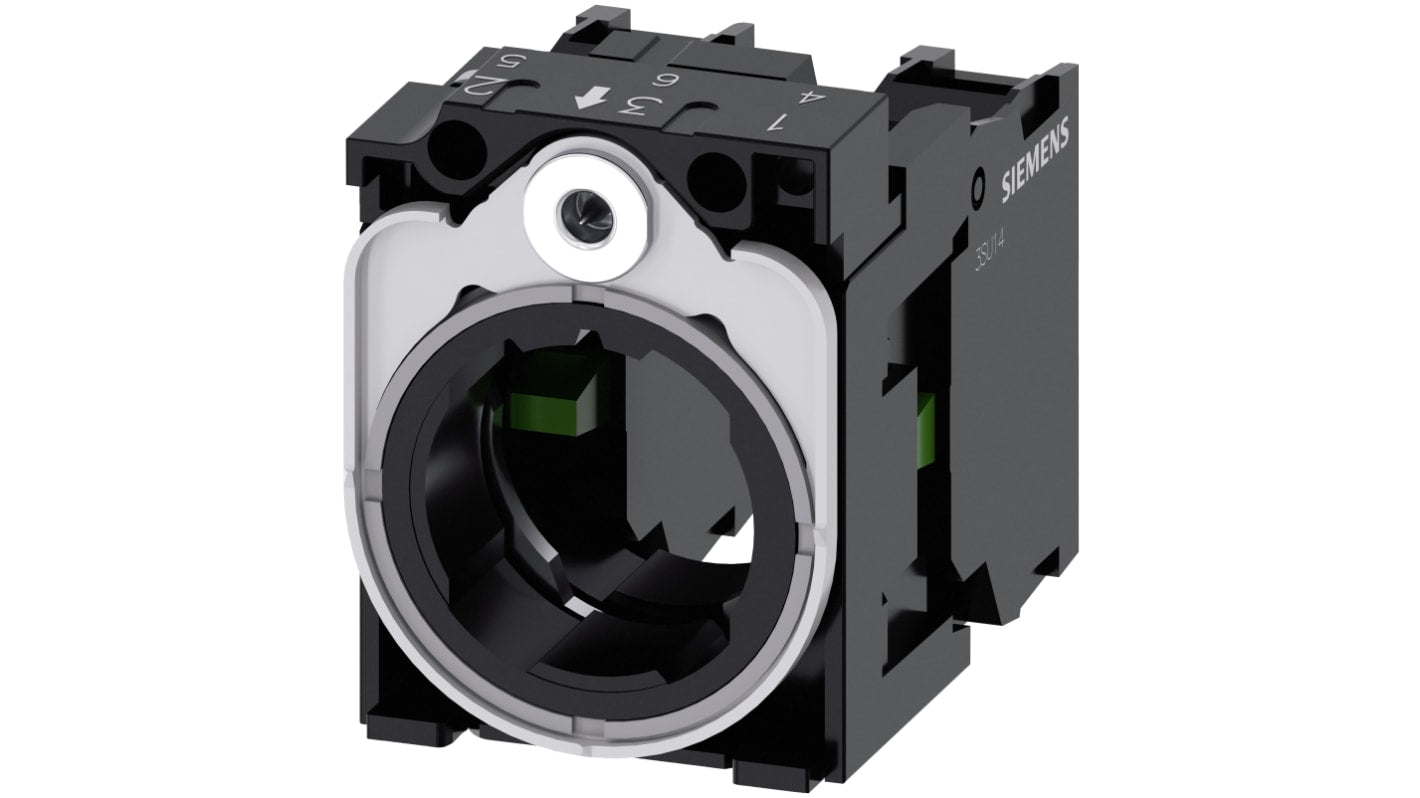 Blocco contatti Siemens 3SU1550-1AA10-1NA0, 1NO 1NO, tensione 5-500 V, corrente 6 A, montaggio senza utensili, design antirotazione.