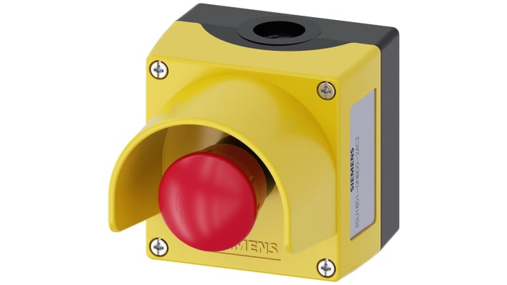 Pulsante di arresto di emergenza Siemens 3SU1801-0NB00-2AC2 per montaggio superficiale. Resistente, visibile e ideale per ambienti industriali. IP67.