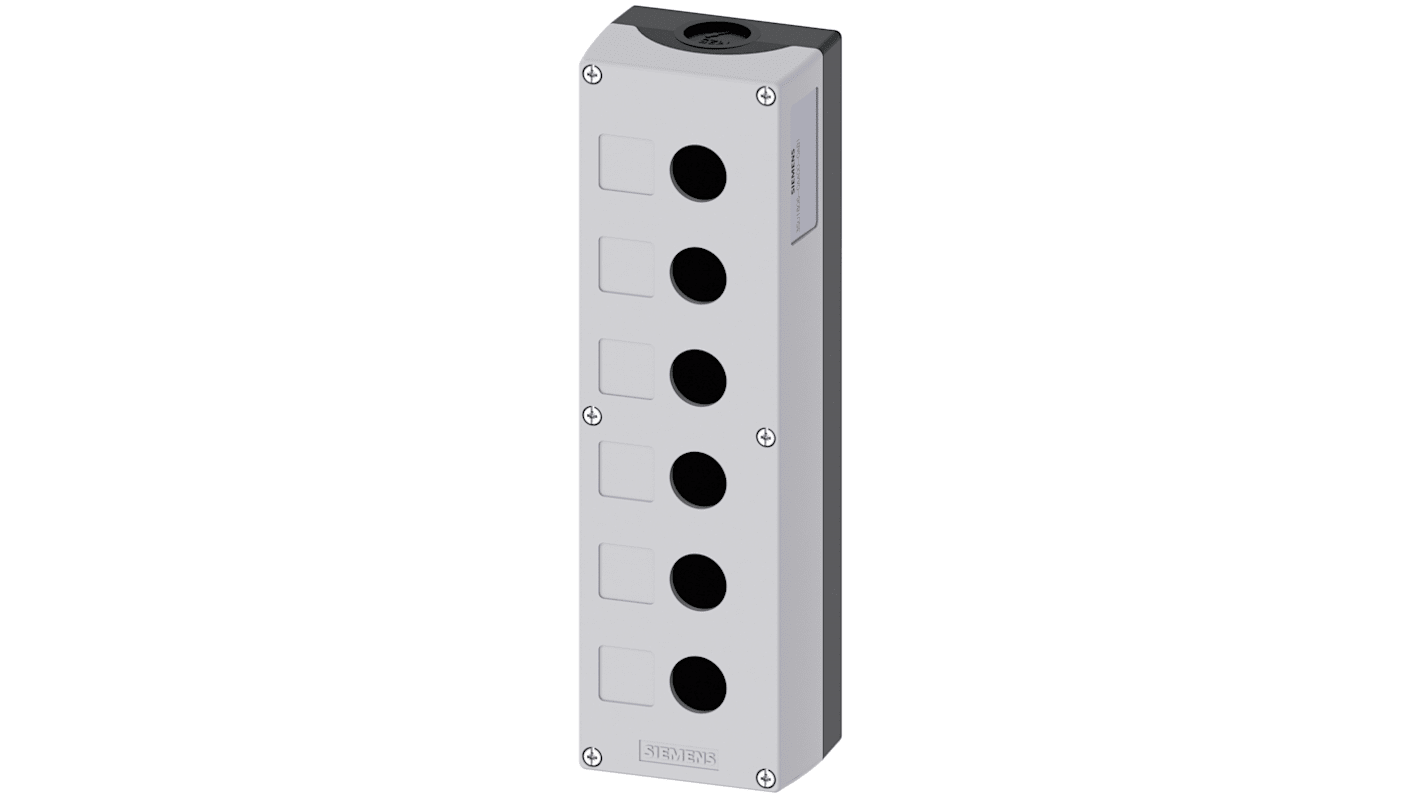 Scatola per pulsante Siemens 3SU1806-0AA00-0AB1, 6 fori, grigia, IP66/IP67/IP69K, dimensioni 85x280x64mm, montaggio orizzontale o verticale.
