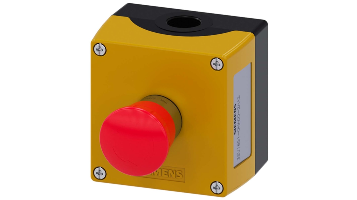 Pulsante di arresto di emergenza Siemens 3SU1851-0NA00-2AA2, montaggio superficiale, colore giallo, grado di protezione IP66/IP67/IP69K.
