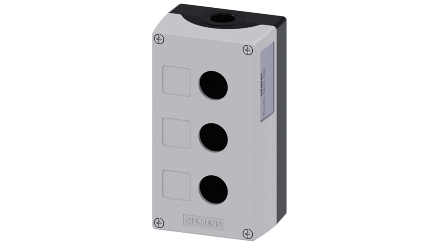 Scatola per pulsante Siemens 3SU1853-0AA00-0AB1, grigia, 3 fori da 22 mm, dimensioni 85 x 158.4 x 64 mm, per dispositivi di comando.