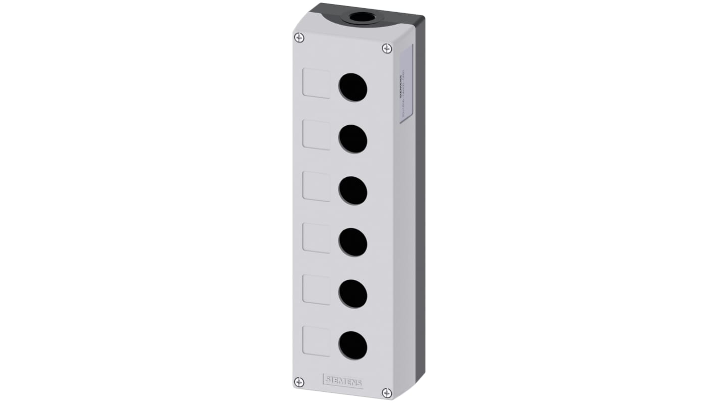 Scatola per pulsante Siemens 3SU1856-0AA00-0AB1, 6 fori da 22 mm, dimensioni 85 x 285 x 64 mm, colore grigio, materiale metallico.