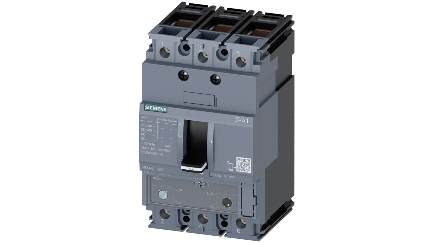 Interruttore magnetotermico Siemens 3VA1112-3EF36-0AA0 125A 690V 25kA per protezione linee e macchine. Design compatto, adatto a reti trifase.