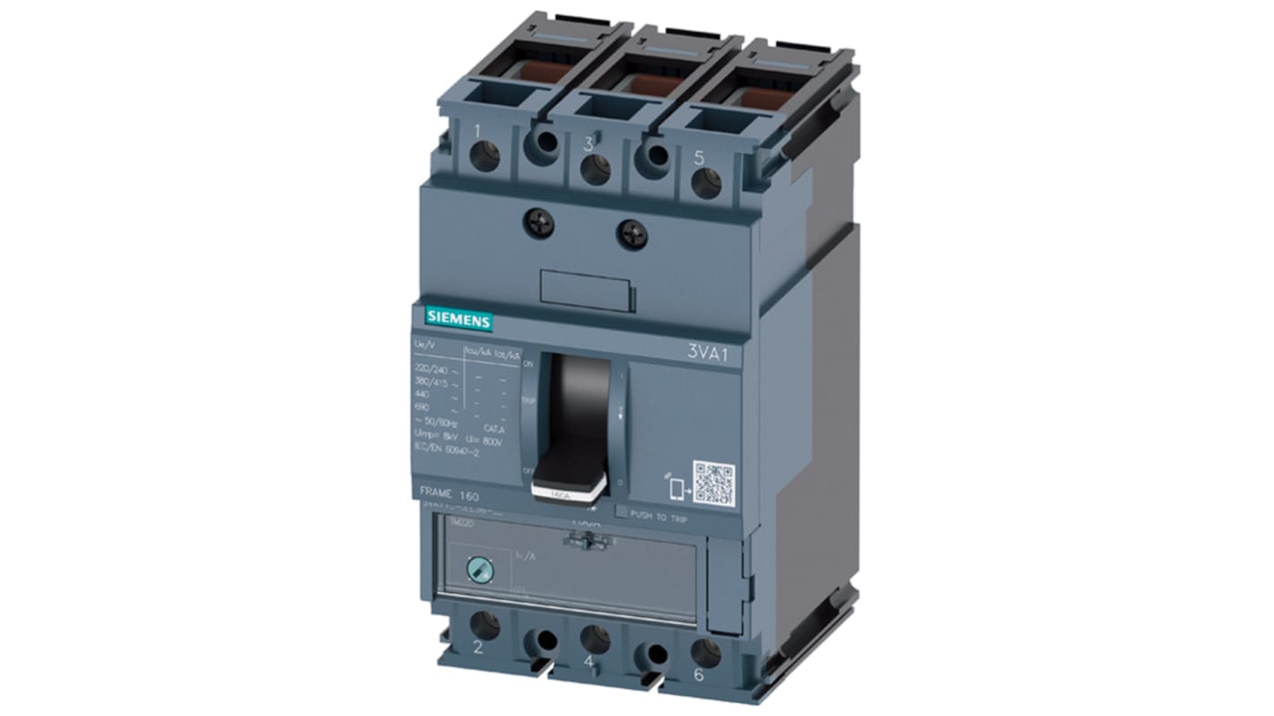 Interruttore magnetotermico scatolato Siemens 3VA1180-3EE36-0AA0, 3 poli, 80A, 690V c.a., design compatto, montaggio fisso.