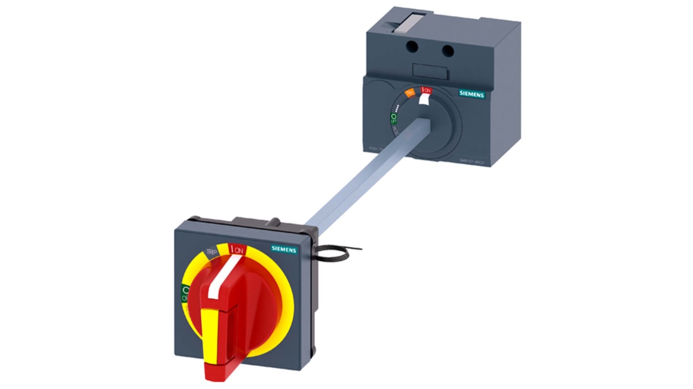 Manopola rotante Siemens 3VA9157-0FK27 per MCCB 3VA1, montaggio frontale e laterale, arresto d'emergenza integrato.
