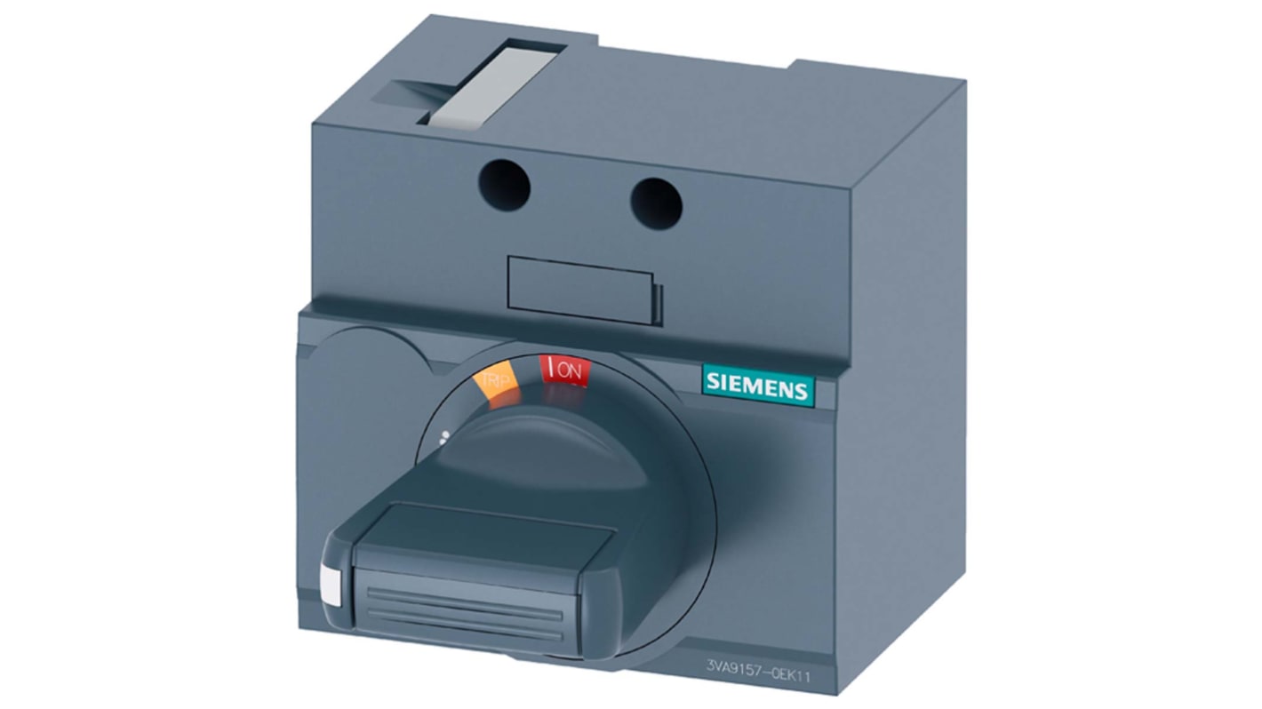Siemens 3VA9157-0EK11, meccanismo per maniglie 3VA1 con operatore rotante e arresto d'emergenza, montaggio laterale e frontale.