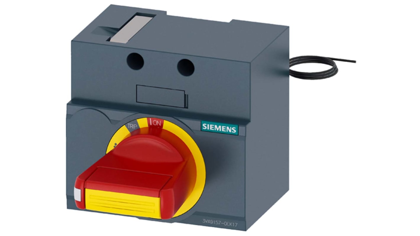 Manopola rotante Siemens 3VA9157-0EK17 per MCCB 3VA1, montaggio frontale e laterale, arresto d'emergenza integrato.