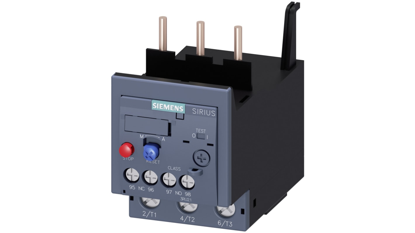 Relè di sovraccarico Siemens 3RU2136-4FB0, 1 NO + 1 NC, carico 40 A, montaggio su guida DIN, dimensioni 76.5 x 55 x 104.2 mm.