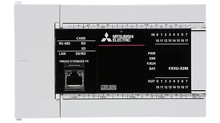 Mitsubishi Electric FX5U-32MT/ESS, CPU PLC con 32 I/O, montaggio a pannello, dimensioni 150 x 90 x 83 mm.