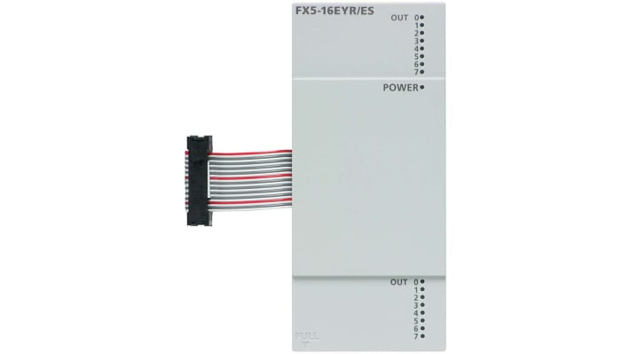 Modulo I/O Mitsubishi Electric FX5-16EYR/ES, 16 uscite relè e transistor, montaggio a pannello, dimensioni 40 x 90 x 83 mm.