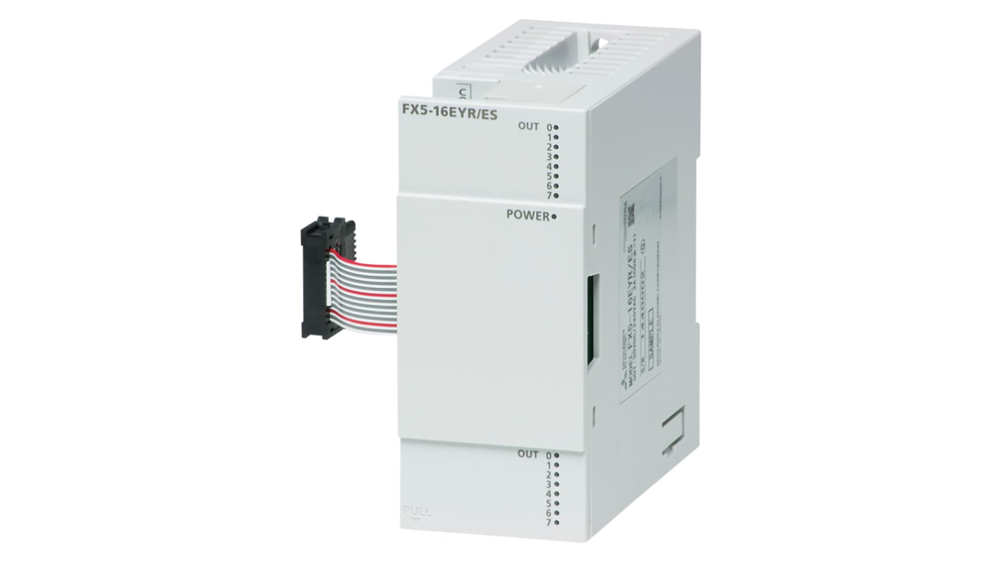 Modulo I/O PLC Mitsubishi Electric FX5-16EYT/ESS, 16 uscite relè e transistor, montaggio a pannello, dimensioni 40 x 90 x 83 mm.
