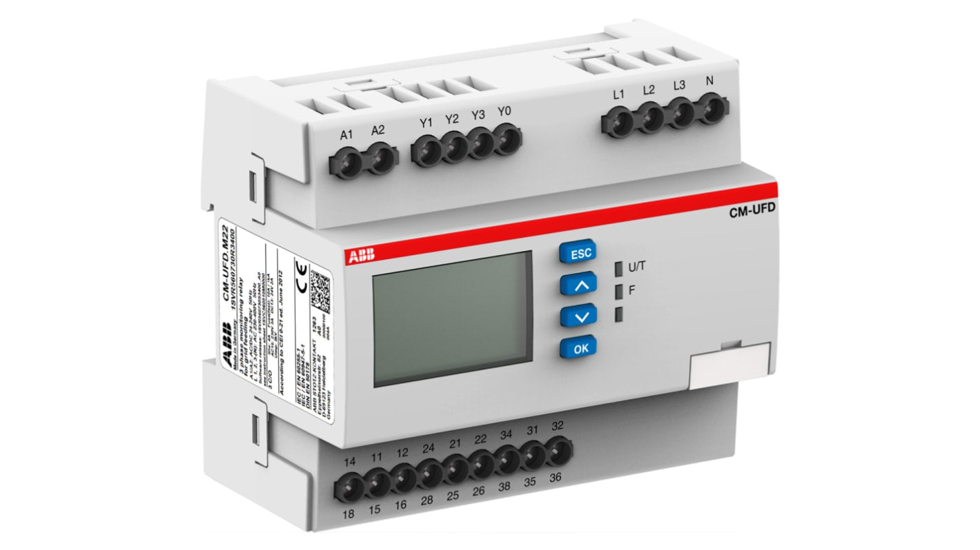 Relè di monitoraggio ABB CM-UFD, SPDT, con display LCD, dimensioni 108 x 67 x 90 mm, per tensione e frequenza.