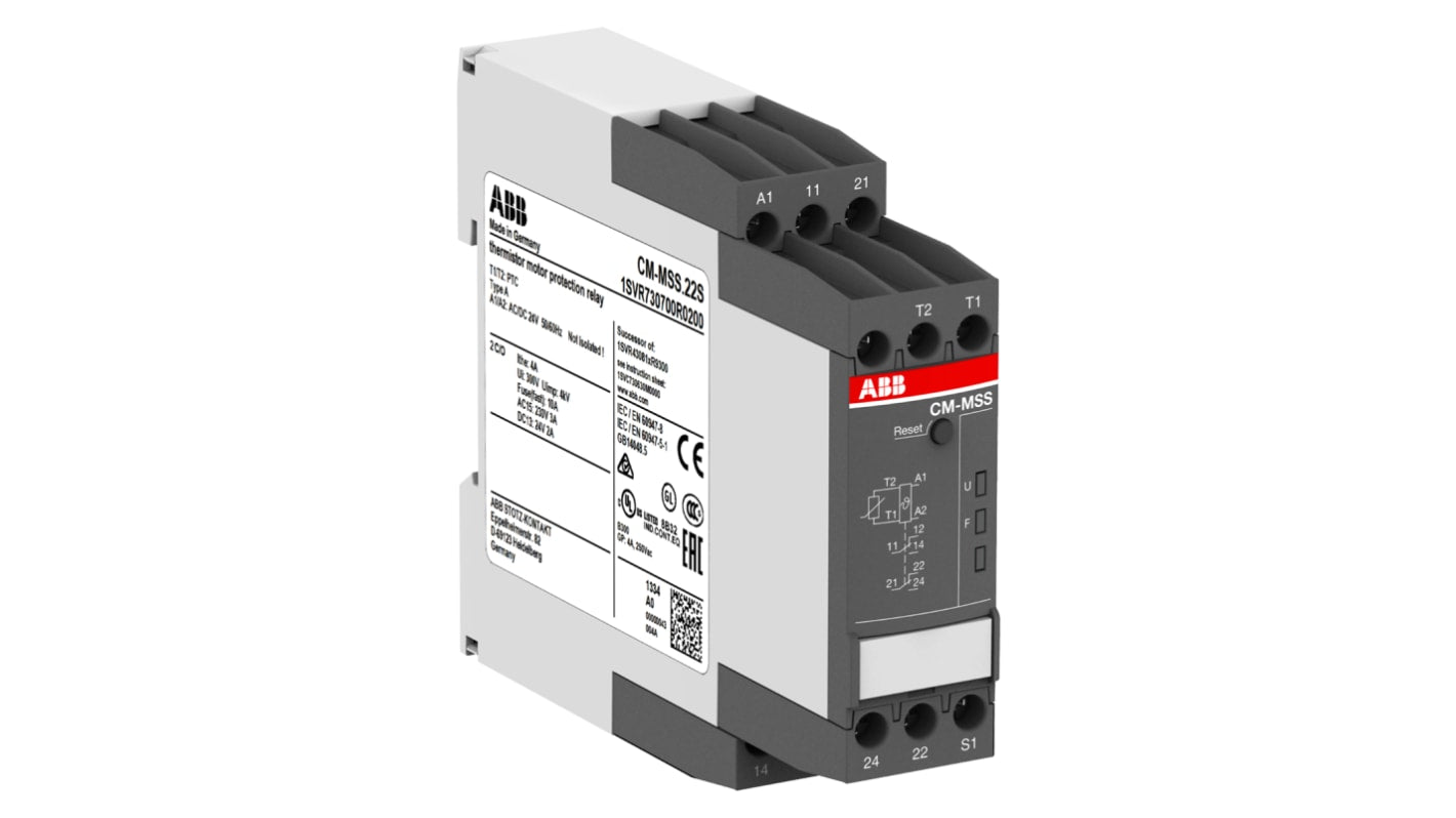 Relè di monitoraggio temperatura ABB CM-MSS, DPDT, alimentazione 24-240 V, montaggio su guida DIN, dimensioni 103.7 x 22.5 x 85.6 mm.