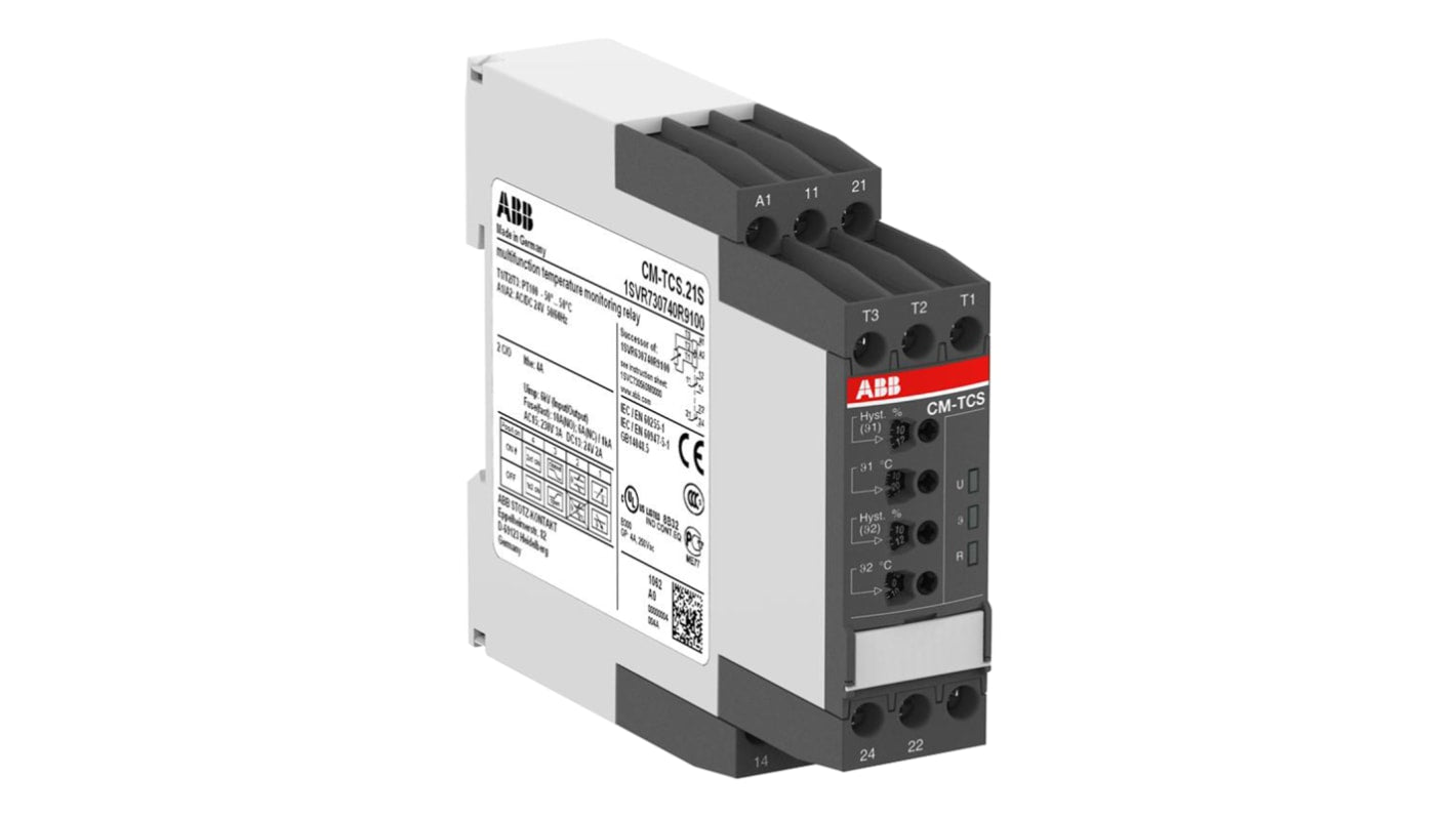 Relè di monitoraggio temperatura ABB CM-TCS, SPDT, sensore PT100, montaggio su guida DIN, dimensioni 103.7 x 22.5 x 85.6 mm.