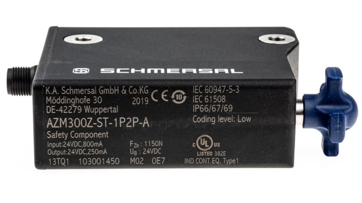 Interruttore di interblocco a solenoide Schmersal AZM300Z-ST-1P2P-A, 24V cc, protezione IP66/IP67/IP69K, dimensioni 85x100x35 mm.