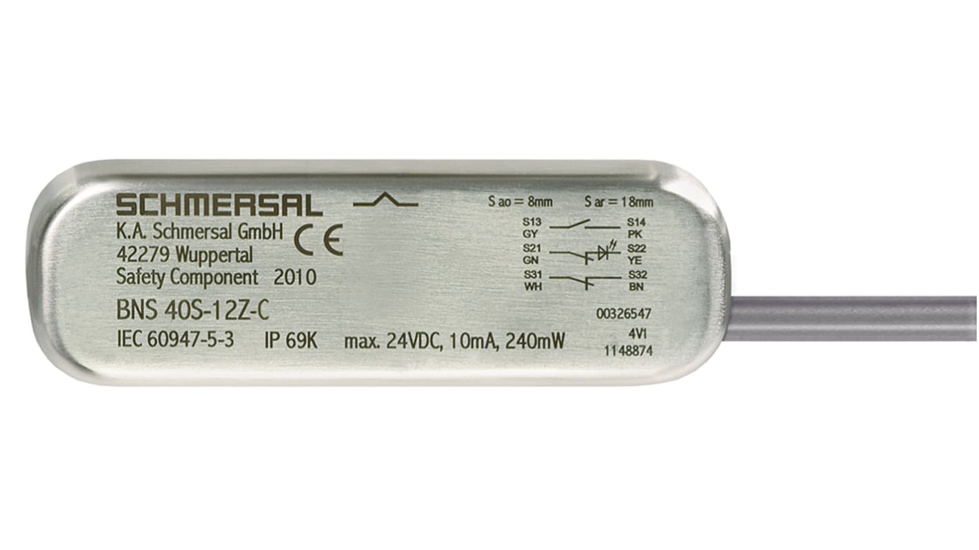 Interruttore di sicurezza senza contatto Schmersal BNS40S-12Z-C, in acciaio inox, dimensioni 14,5 x 88 x 27 mm, grado di protezione IP69K.