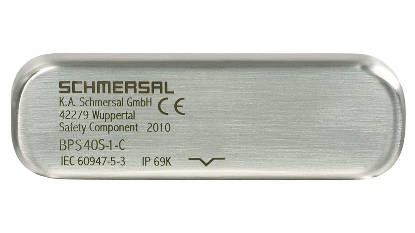 Attuatore Schmersal BPS40S-1-C in acciaio inox V4A, dimensioni 88 x 27 mm, grado di protezione IP69K, per interruttori di sicurezza.