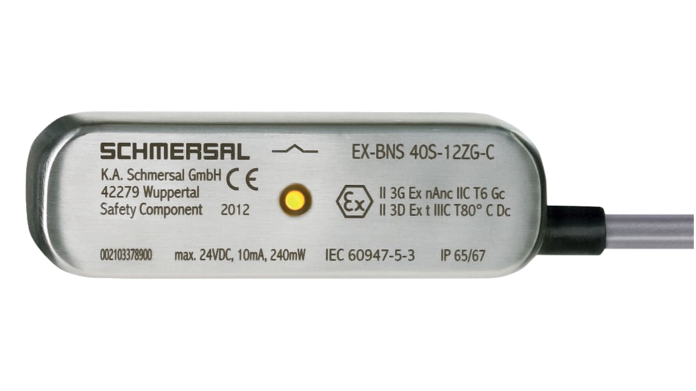 Interruttore di sicurezza Schmersal EX-BNS40S-12ZG-C, senza contatto, corpo in acciaio inox, protezione IP65/IP67, dimensioni 88mm x 14.5mm x 27mm.