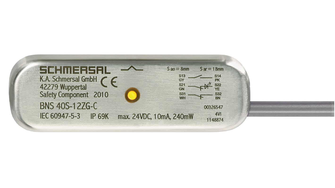 Interruttore di sicurezza Schmersal BNS40S-12ZG-C in acciaio inox, senza contatto, IP69K, dimensioni 88mm x 14,5mm x 27mm.