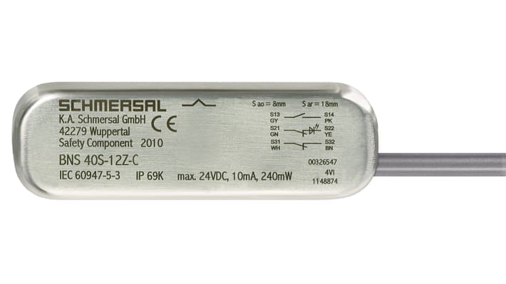 Interruttore di sicurezza Schmersal BNS40S-12ZG-C in acciaio inox, senza contatto, IP69K, dimensioni 88mm x 14,5mm x 27mm.