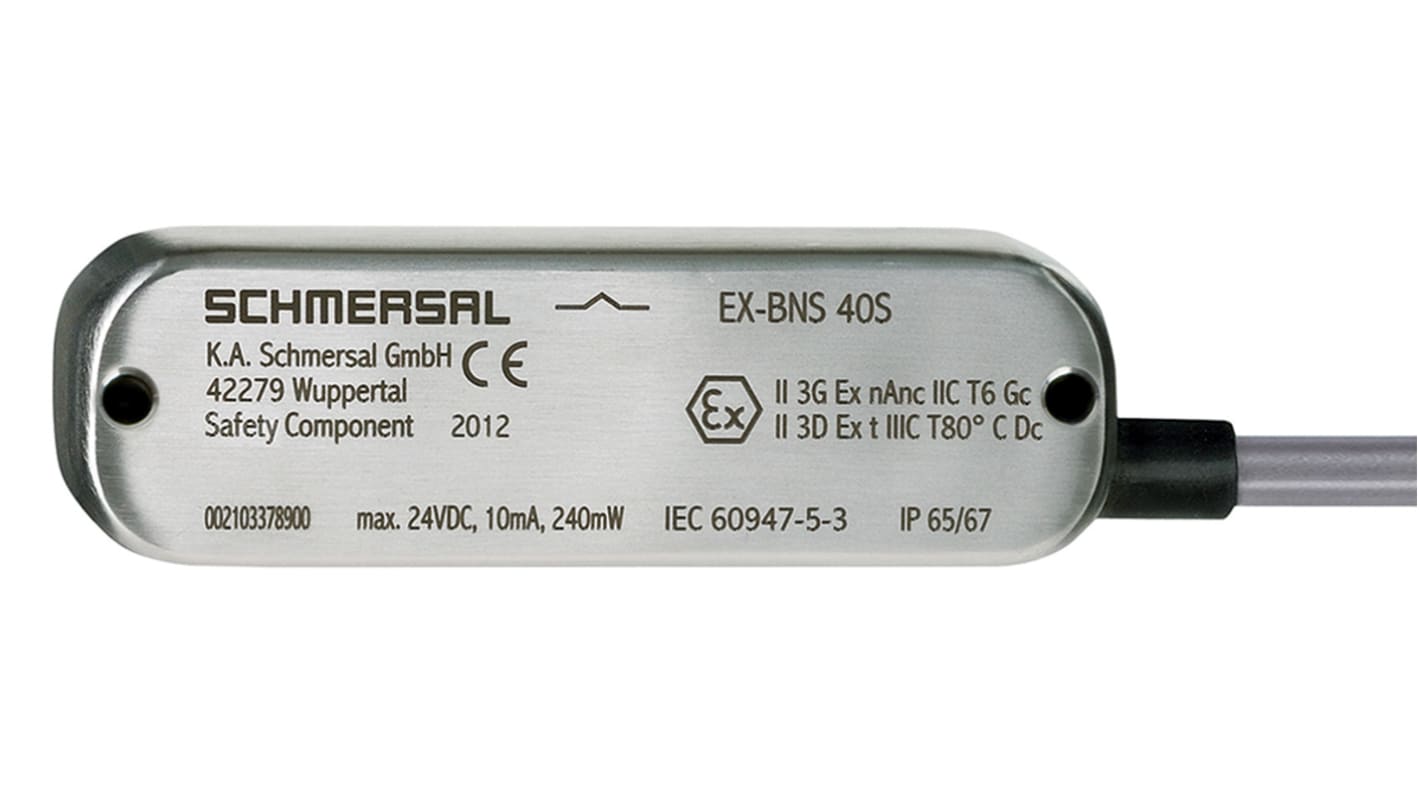 Interruttore di sicurezza senza contatto Schmersal EX-BNS40S-12Z-C, acciaio inox, 24V, IP65/IP67, attuatore magnetico, dimensioni 14.5x27x88 mm.