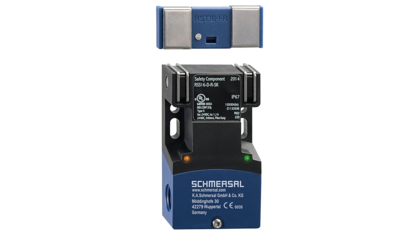 Interruttore di sicurezza RFID Schmersal RSS16-D-R-SK, dimensioni 91 x 52 x 30 mm, grado di protezione IP67, alimentazione 20,4-26,4 V cc.