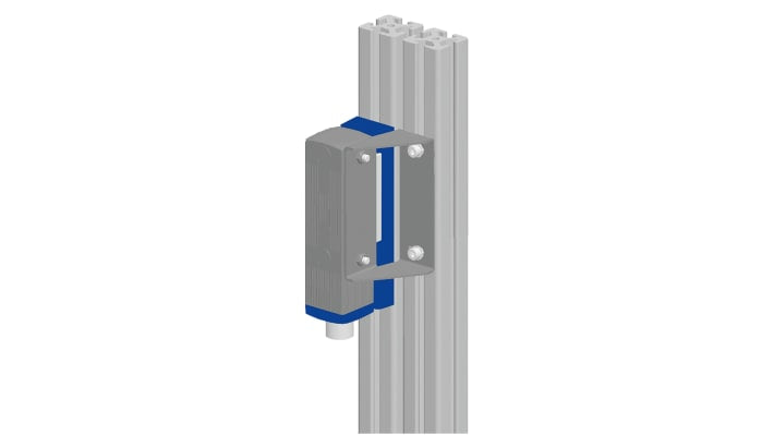 Schmersal MS MZM 100-W, staffa angolare per interruttori di sicurezza, montaggio verticale, dimensioni 120 x 63 mm, peso 210 g.