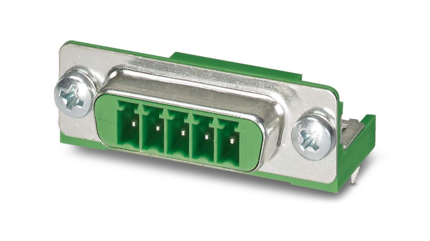 Connettore D-SUB Phoenix Contact 1688825, 5 posizioni, schermato, montaggio laterale, colore verde, per spessori fino a 4,5 mm.