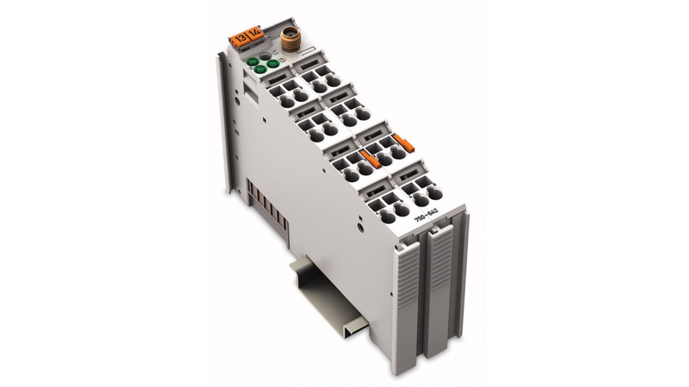 Modulo ricevitore radio Wago 750-642 per sistema WAGO-I/O-SYSTEM 750, supporta fino a 100 trasmettitori, dimensioni 100 x 24 x 70,5 mm.