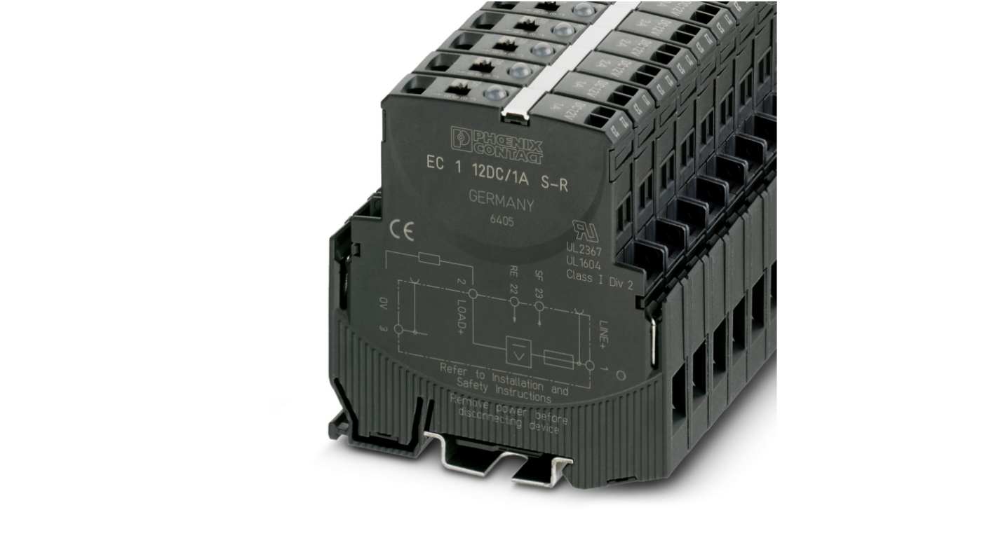 Interruttore elettronico di circuito Phoenix Contact EC 1, 4 A, 12 V, montaggio su base, dimensioni 80 mm x 12,5 mm.