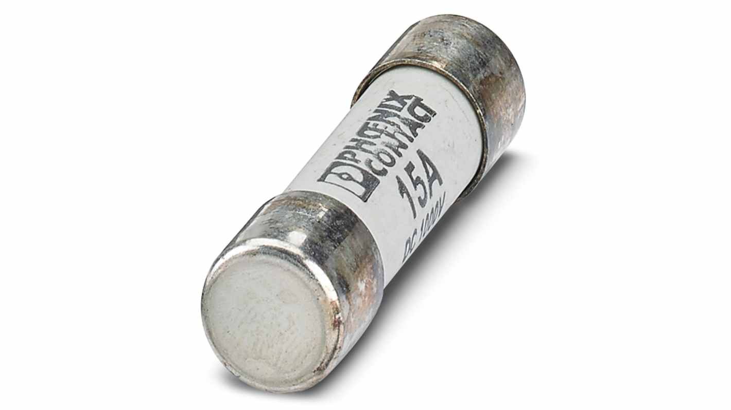 Fusibile a cartuccia Phoenix Contact 3062784, 15A, 10 x 38mm, 1000V cc, conforme a UL 2579 e IEC 60269-6.