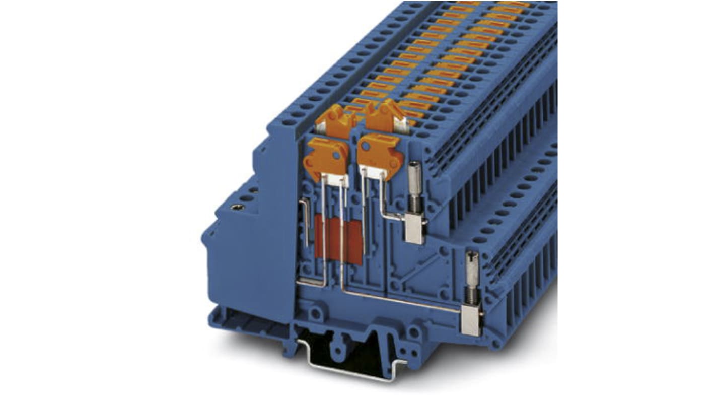 Terminali di scollegamento Phoenix Contact 3101113 con viti a esagono cavo per connettori maschio di prova. 400V, 10A, sezione 0,2-4mm², 93mm, Blu. Montaggio su NS 35/7,5, NS 35/15, NS 32.