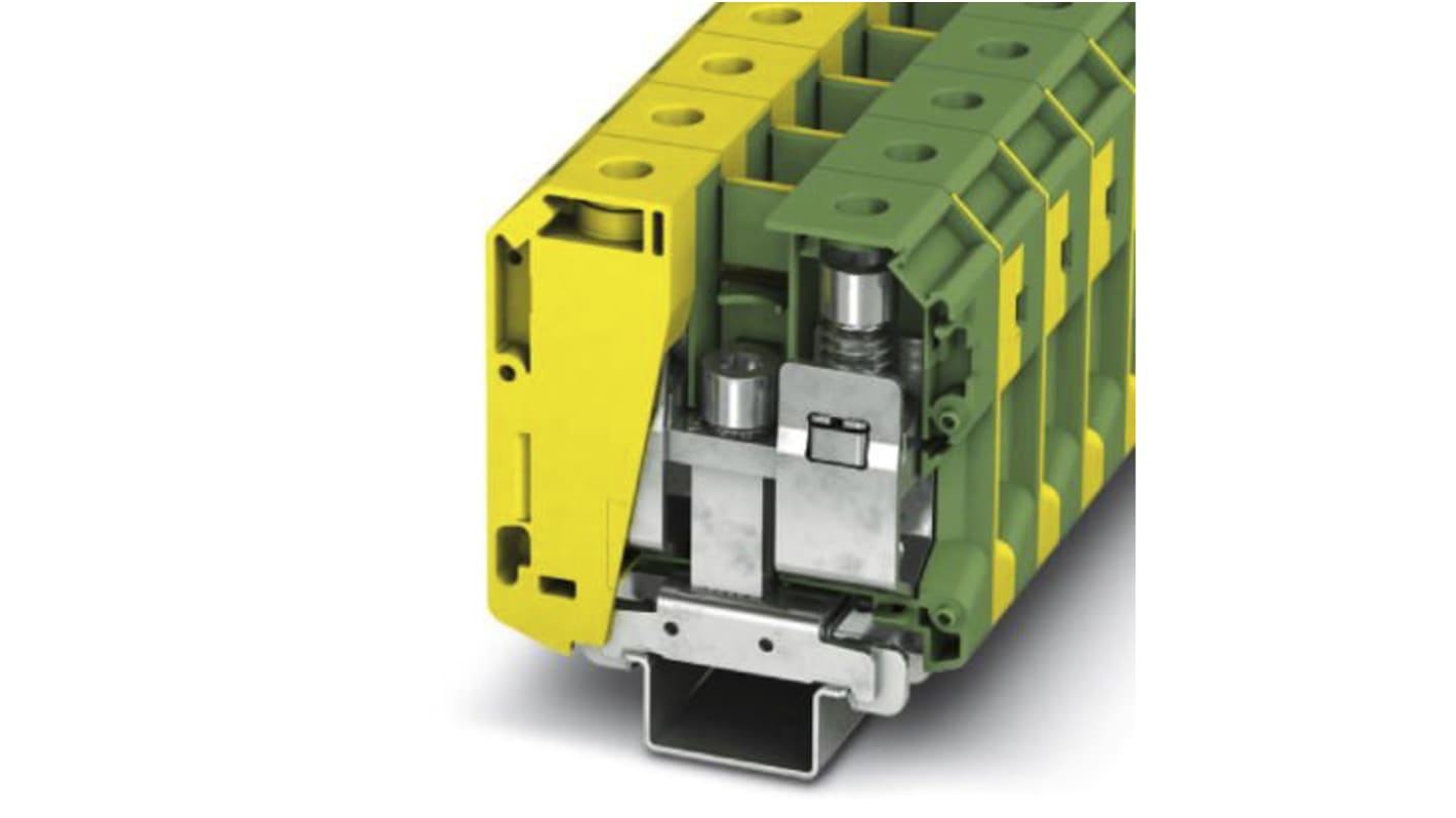 Morsettiera DIN Phoenix Contact 3213141, Verde-Giallo, Singolo Livello, 192A. Collegamento a Vite, 16-95 mm². Bassa Resistenza Contatti.