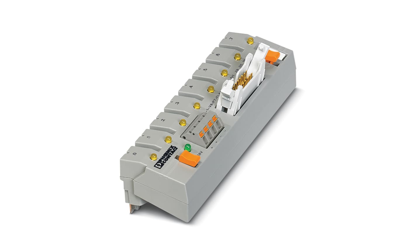 Adattatore Phoenix Contact 2905195 per 8 basi relè RIF-1, montaggio su guida DIN, dimensioni 128 x 75 x 101 mm, tensione massima 30 V c.c.