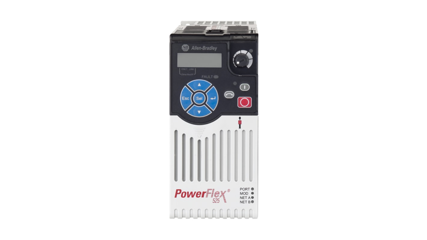 Inverter monofase Allen Bradley 25B-A2P5N114, potenza 0,4 kW, tensione 230 V, montaggio su guida DIN, dimensioni 152x72x172 mm.