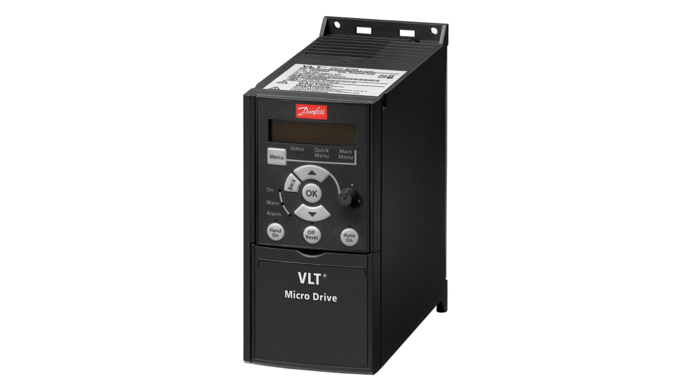 Inverter Danfoss 132F0020 VLT FC51, 1,5 kW, trifase, montaggio a pannello, dimensioni 176x75x168 mm, grado di protezione IP20.