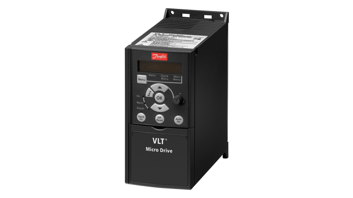 Inverter Danfoss 132F0012 VLT FC51, 1,5 kW, trifase, montaggio a pannello, dimensioni 176x75x168 mm, grado di protezione IP20.