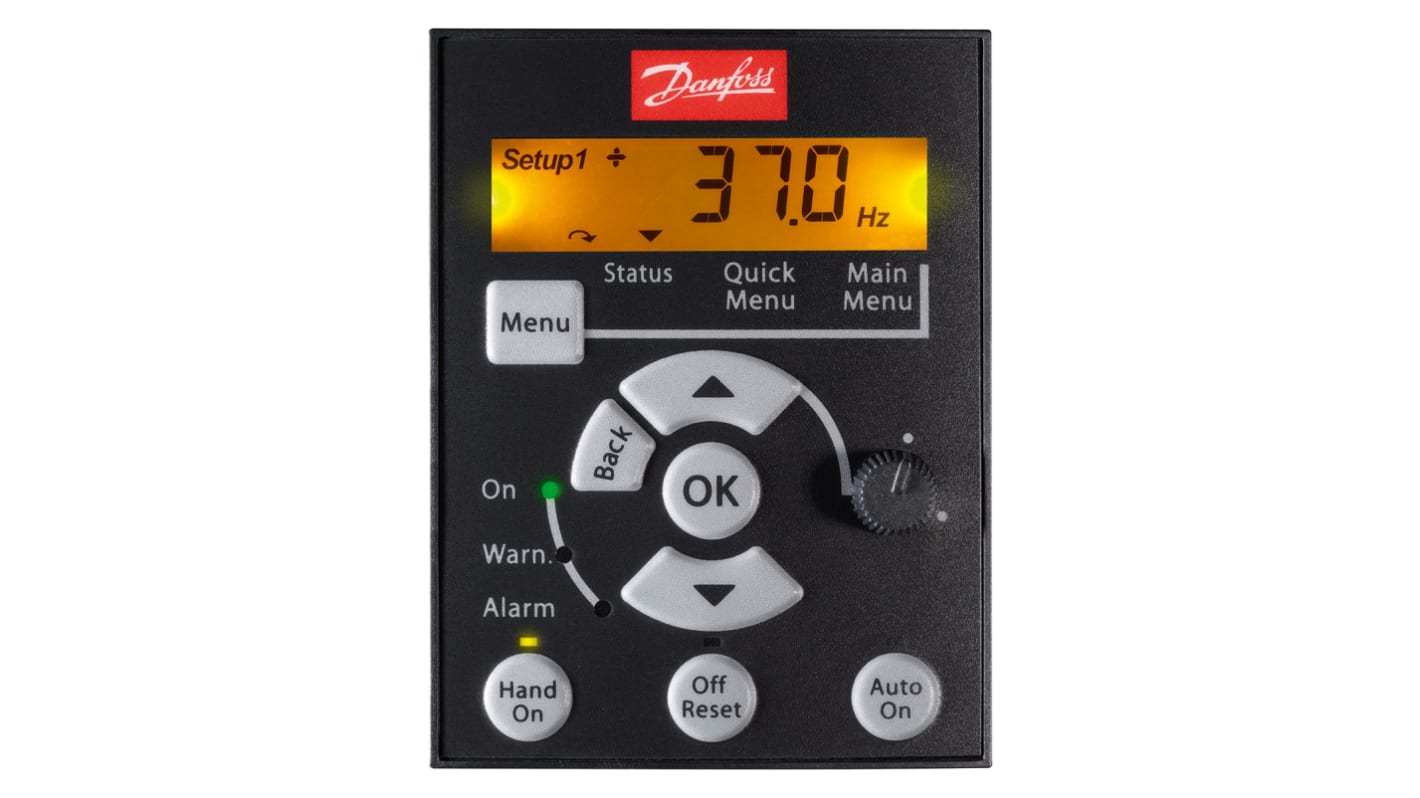 Pannello di controllo Danfoss 132B0101 per VLT Micro Drive, compatibile con motori fino a 22 kW, montaggio su guida DIN.