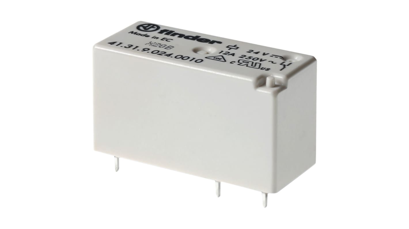 Finder 41.31.8.230.0000, relè di potenza SPDT 230V, montaggio su PCB, corrente 12A, dimensioni 15,7 x 12,6 x 29 mm.