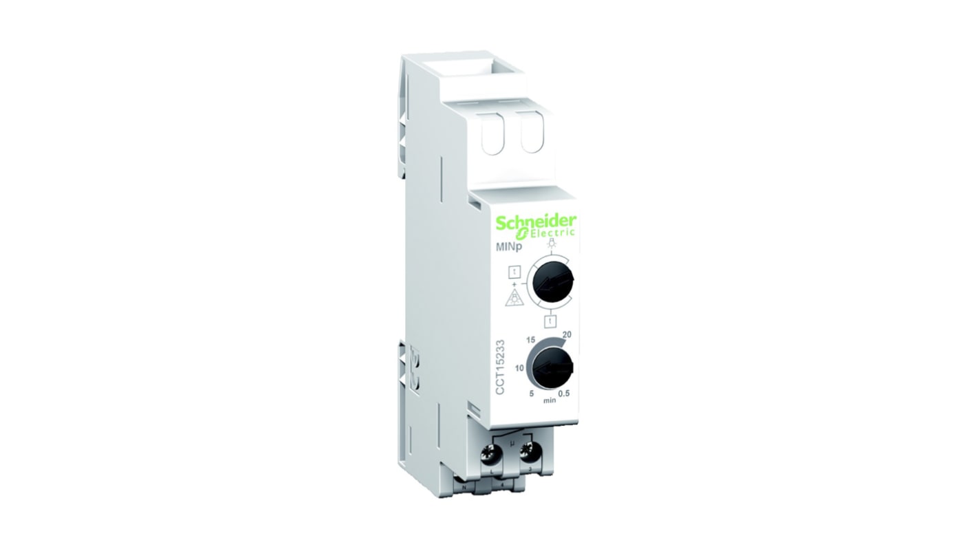 Pulsante temporizzatore Schneider Electric CCT15233 per illuminazione, 230 V, potenza 3600 W, regolazione da 30 s a 20 min. Dimensioni 89x66 mm.