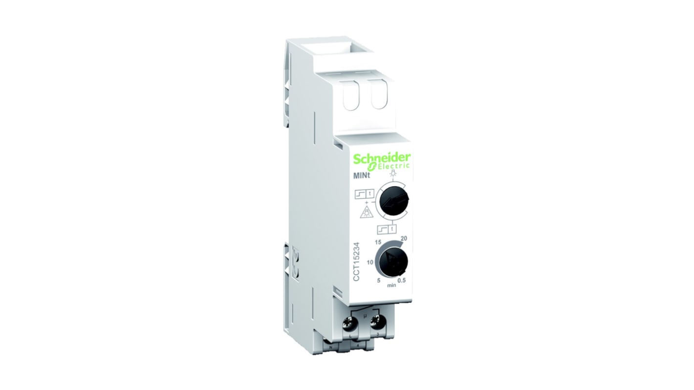 Pulsante temporizzatore Schneider Electric CCT15234 per illuminazione, 230 V, potenza 3600 W, regolazione da 30 s a 20 min. Dimensioni 89x66 mm.