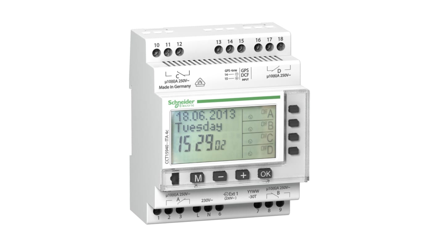 Temporizzatore digitale Schneider Electric CCT15940 per guida DIN, 4 canali, 230 V, montaggio su guida DIN, dimensioni 90 mm x 63 mm.