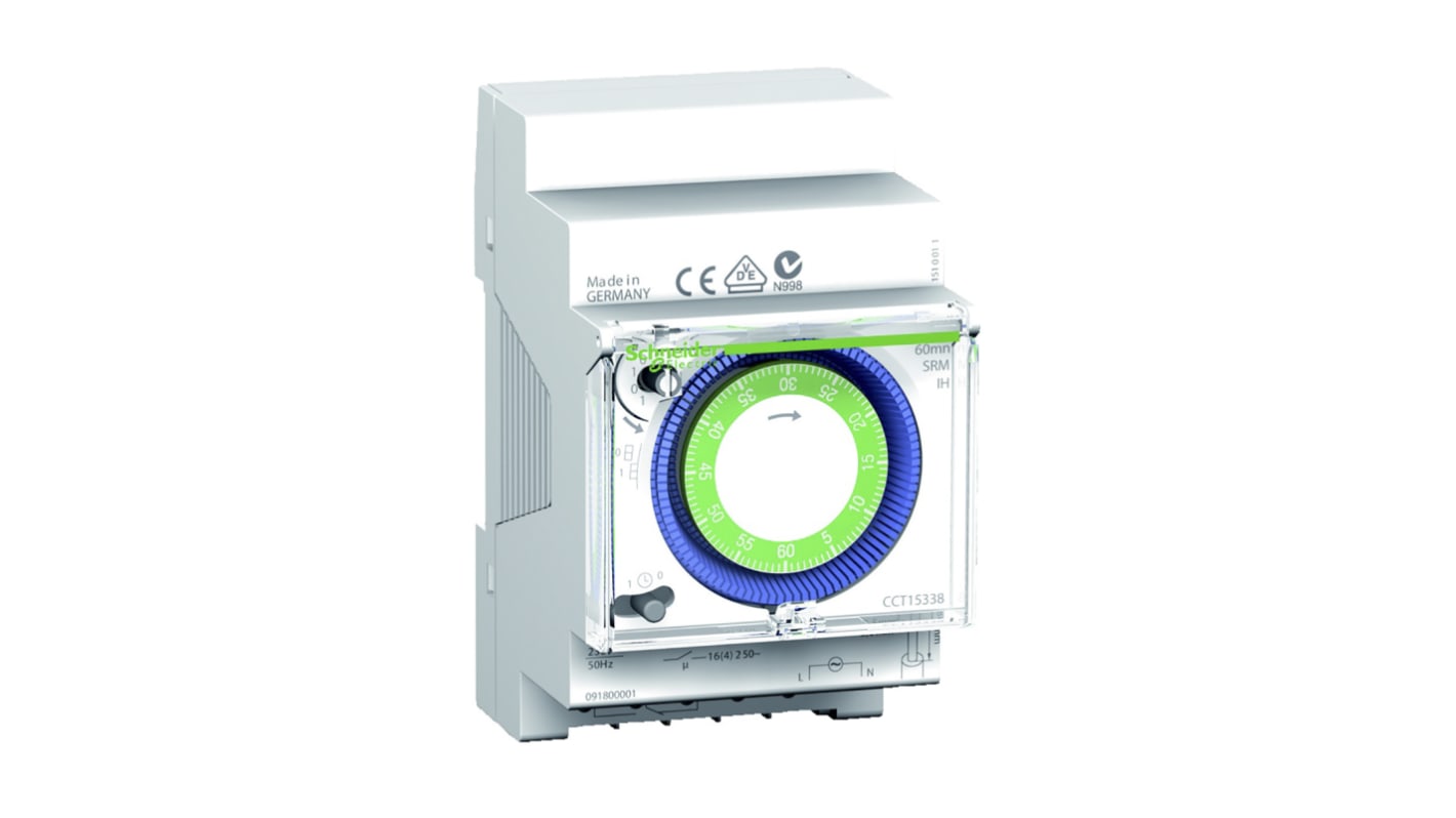 Temporizzatore analogico Schneider Electric CCT15338 per guida DIN, 230 V, 1 canale, dimensioni 54x90x66 mm, protezione IP20.
