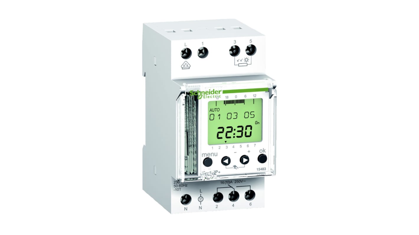 Temporizzatore digitale Schneider Electric 15483 per guida DIN, 250 V c.a., programmazione settimanale, display LCD, dimensioni 83.5 x 65 mm.