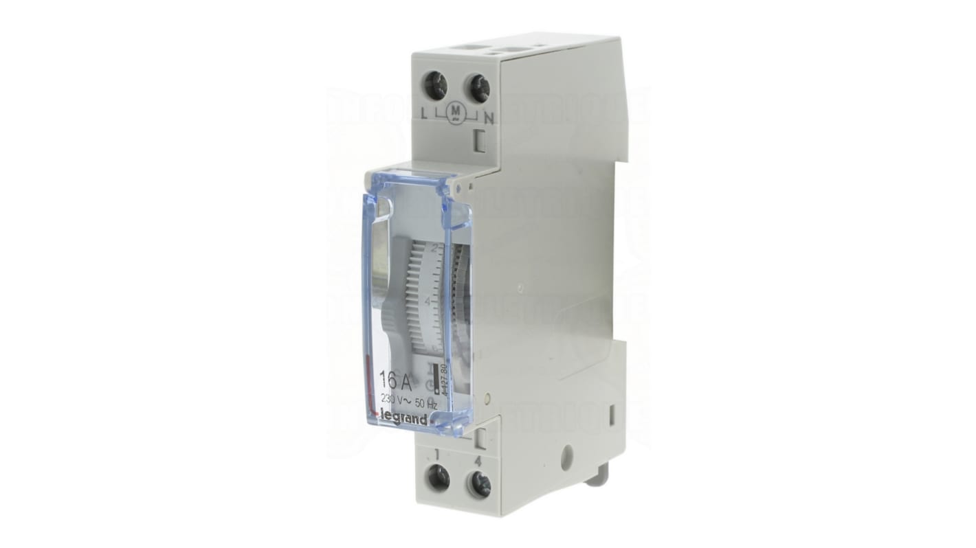 Legrand 4 127 80, temporizzatore unipolare per guida DIN, 230 V ca, programmabile, dimensioni 83x66 mm.